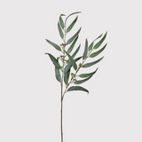 Realistic faux willow eucalyptus stem with slender green leaves, perfect for home décor and floral arrangements.