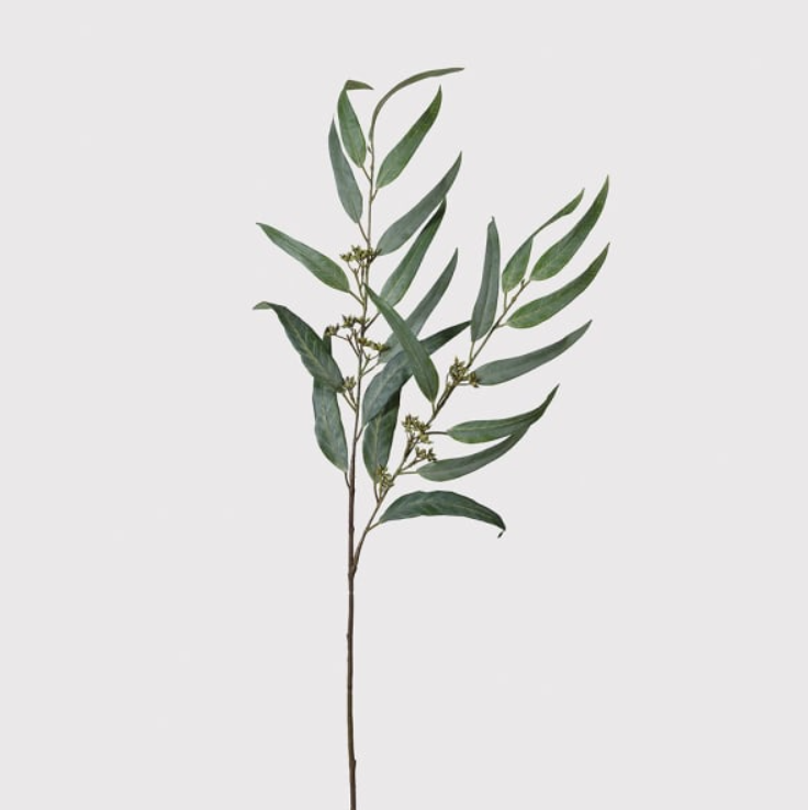 Realistic faux willow eucalyptus stem with slender green leaves, perfect for home décor and floral arrangements.