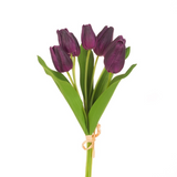 Faux aubergine tulip bunch with seven realistic stems and green leaves