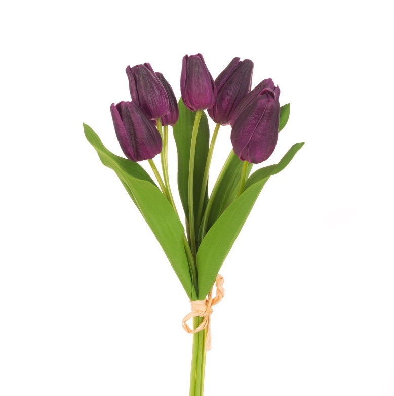 Faux aubergine tulip bunch with seven realistic stems and green leaves
