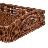 Faux rattan serving tray with cutout handles.