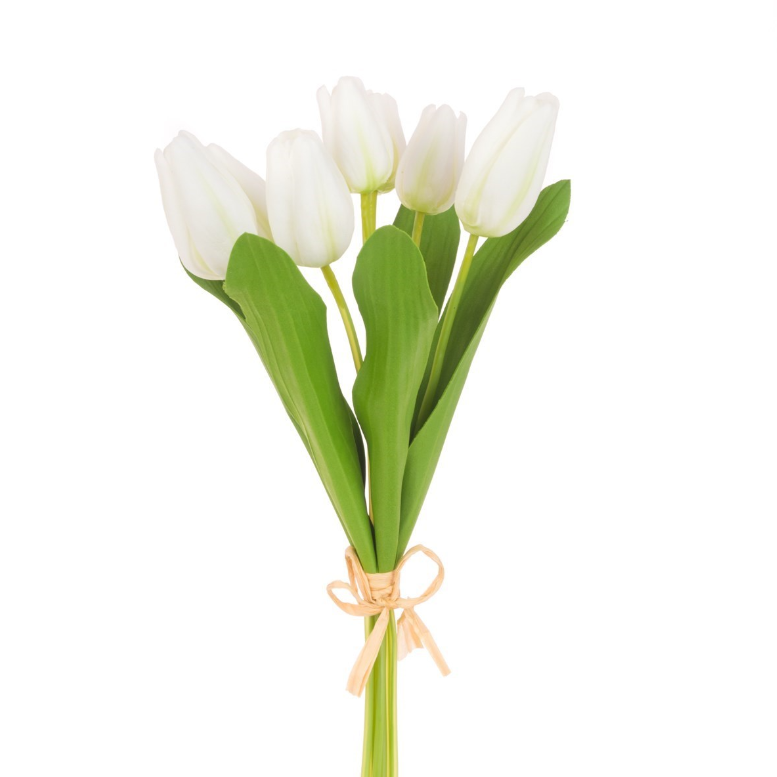 Faux white tulip bunch with seven realistic stems and green leaves