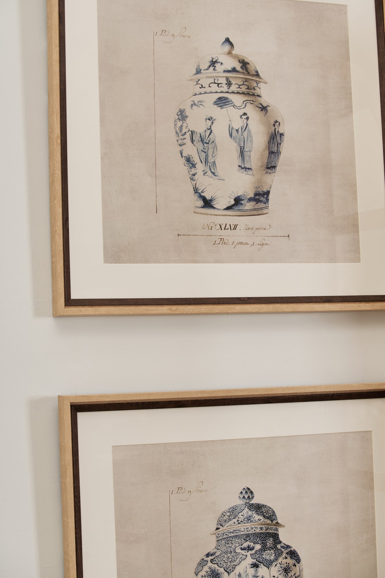 Framed print of blue and white chinoiserie ginger jar with intricate landscape design