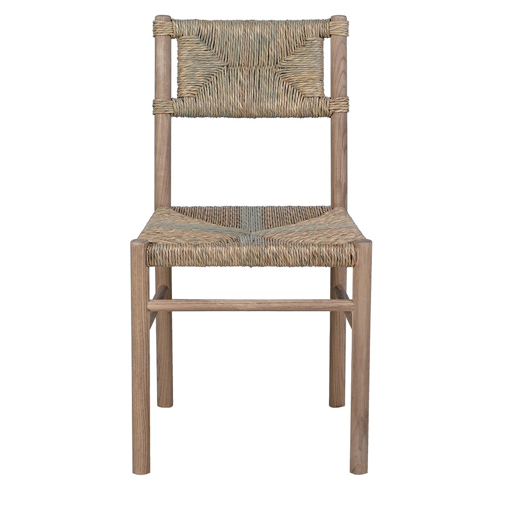 Front view of rustic woven seagrass dining chair with wooden legs