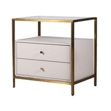 Modern cream and gold bedside table with two drawers and glass top - front angle view