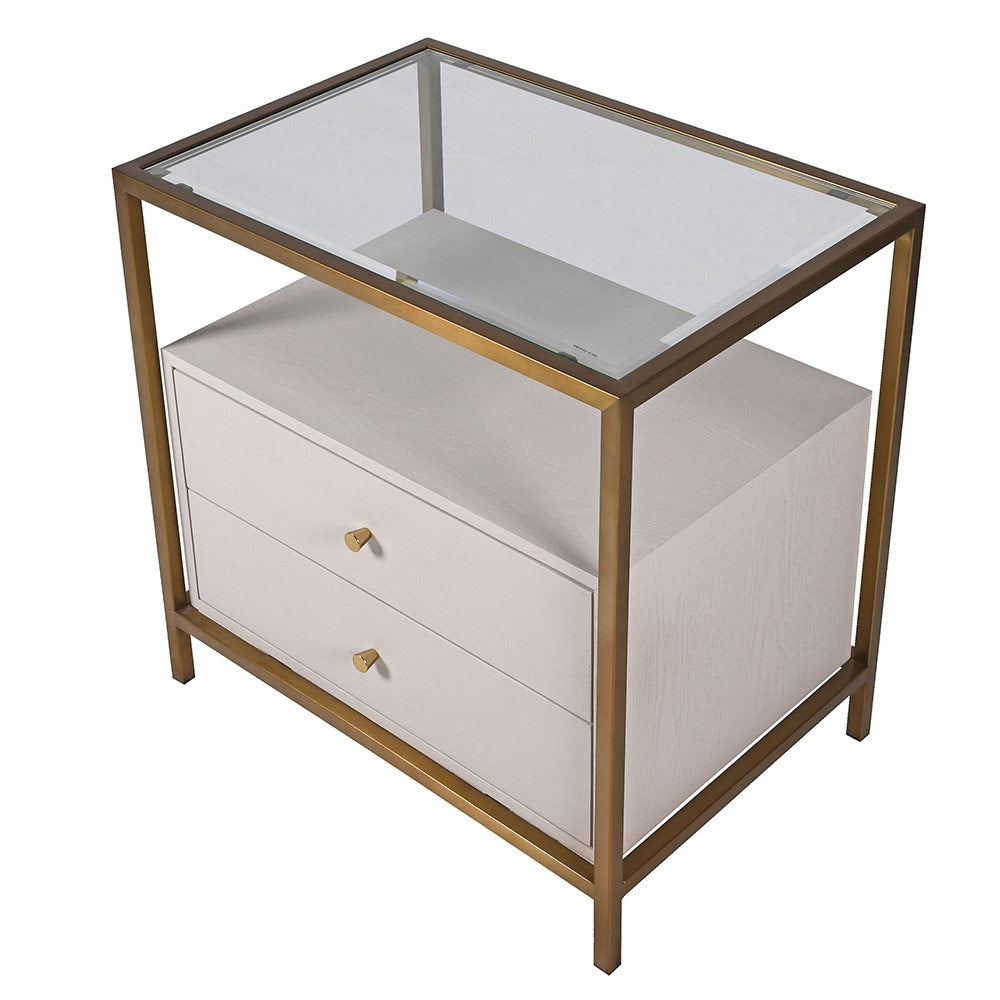Contemporary cream nightstand with brass frame, glass top, and gold knobs - top angle view