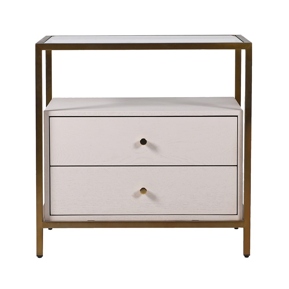 Two-drawer nightstand with glass top on a white background