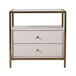 Two-drawer nightstand with glass top on a white background
