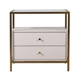 Two-drawer nightstand with glass top on a white background