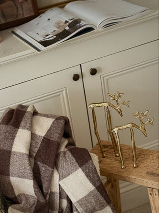 A brown and cream buffalo plaid throw blanket with fringe is draped over a beige sofa in a cozy living room setting next to a patterned pillow and a wooden side table.