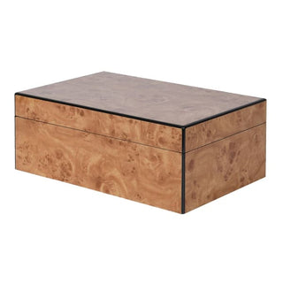Goring faux burl jewellery box closed, showing the warm caramel-toned burl wood finish on the lid and sides with crisp black edge banding, photographed against a white background