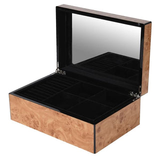 Goring jewellery box shown open, revealing the black velvet-lined interior with ring slots, divided compartments and the full mirror set into the underside of the lid