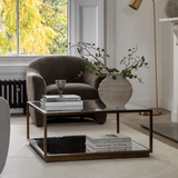 Geneva Glass Coffee Table with clear glass top and shelf on modern metal frame