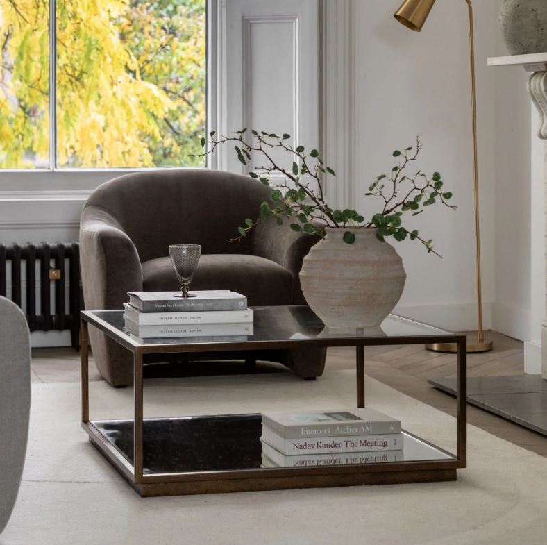 Geneva Glass Coffee Table with clear glass top and shelf on modern metal frame