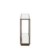 Glass console table with bronze metal frame on a white background