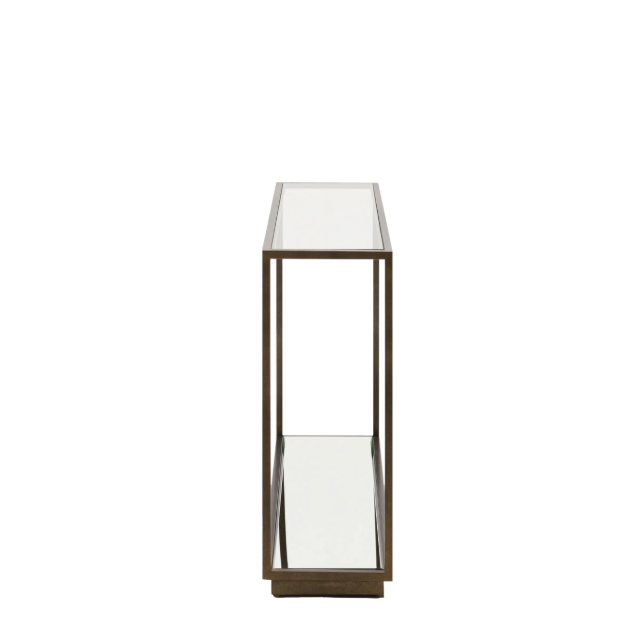 Glass console table with bronze metal frame on a white background