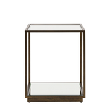 Glass side table with metal frame on a white background