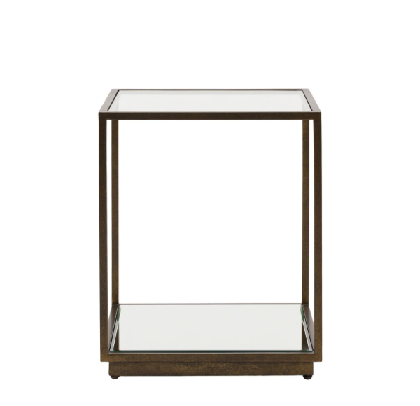 Glass side table with metal frame on a white background