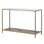Indulge in the opulence of the Gianna Elegant Glass and Brass Console Table, a luxurious addition to any elegant space. The base of this elegant side table features a stunning oxidized finish.