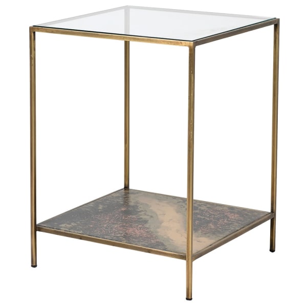 Indulge in the opulence of the Gianna Elegant Glass and Brass Side Table, a luxurious addition to any elegant space. The base of this elegant side table features a stunning oxidized finish.