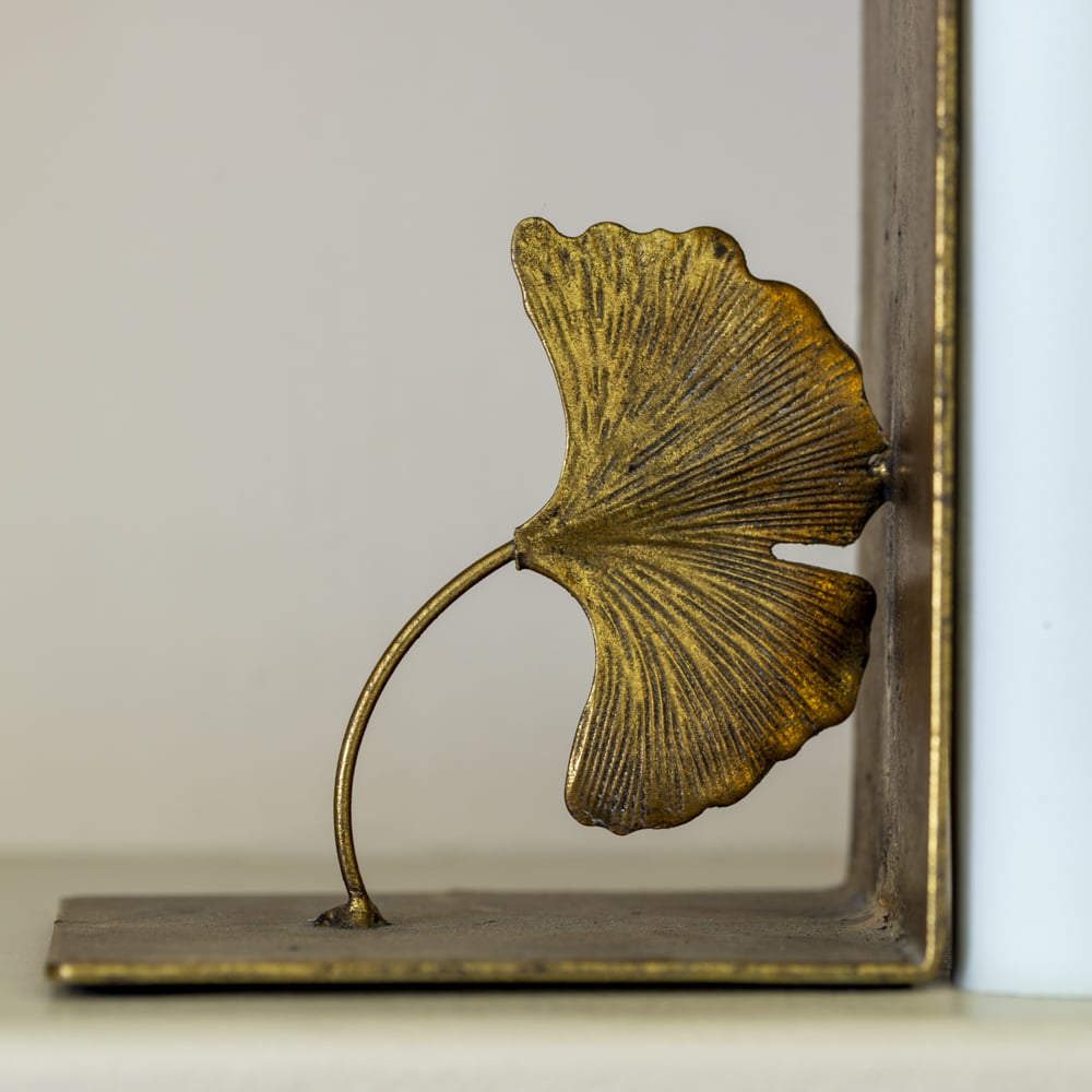 Decorative metal ginkgo leaf bookend close-up