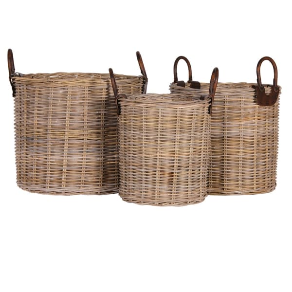 Set of three Grasmere round Kubu rattan log baskets with leather handles in natural grey-brown