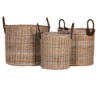 Set of three Grasmere round Kubu rattan log baskets with leather handles in natural grey-brown