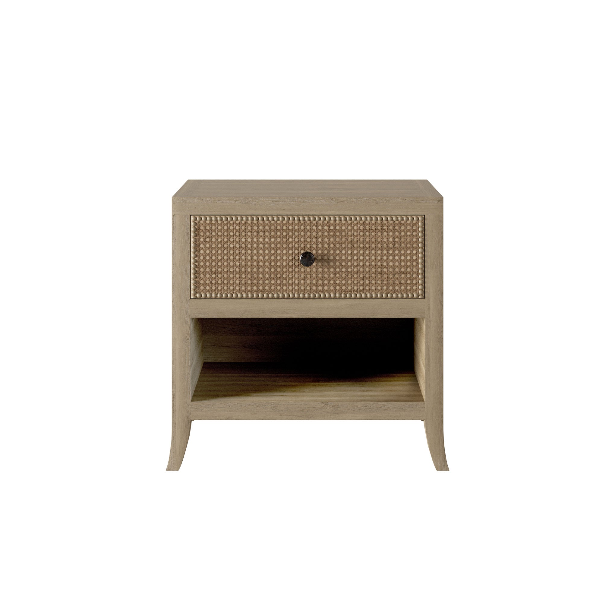 A gray bedside table with one drawer and rattan latticed front, featuring wooden runners and round metal handle.