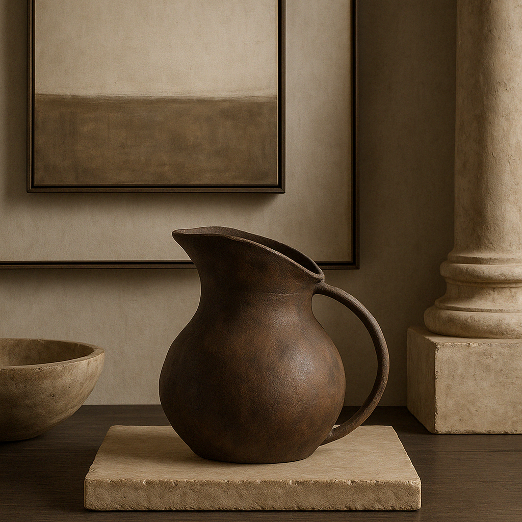 Add sculptural form and depth to any interior with the Guadalupe Dark Brown Metal Decorative Jug.

A striking piece, the jug is an elegant statement. Each piece has a beautifully bespoke and organic feel.&nbsp; Breath taking when styled on its own or paired with other accessories.
