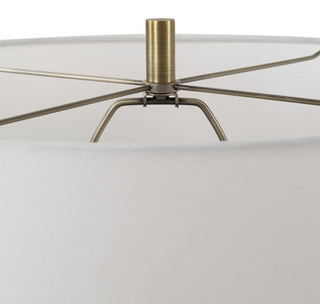Antique brass spider fitting and finial inside the Hadleigh lamp's white linen drum shade