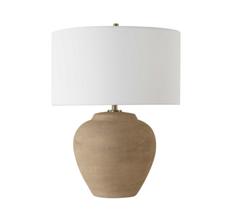Full-length view of the Hadleigh terracotta table lamp on a white background, showing the vase-shaped base and rolled-edge linen drum shade