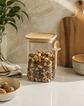 A clear glass canister with a light wood lid and a small wooden spoon, filled with mixed nuts, set on a kitchen counter with other wooden kitchen items in the background.