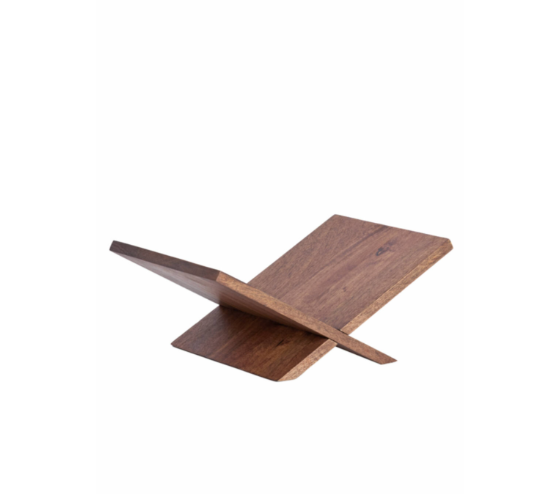 Wooden X bookstand in angled side view for display