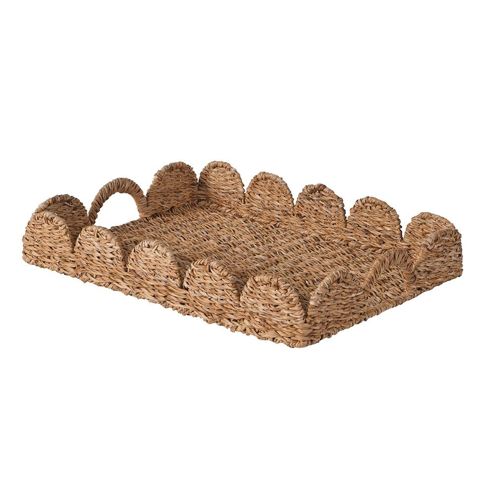 Handwoven seagrass serving tray with scalloped edges and handles