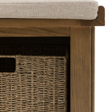 Hardwick Hall Bench made from oak and oak veneer with a cushioned seat and three seagrass storage baskets