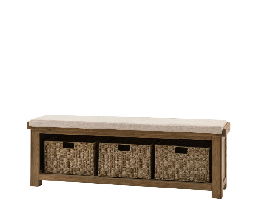 Hardwick Hall Bench made from oak and oak veneer with a cushioned seat and three seagrass storage baskets