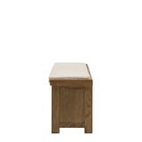 Hardwick Hall Bench made from oak and oak veneer with a cushioned seat and three seagrass storage baskets