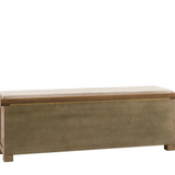 Hardwick Hall Bench made from oak and oak veneer with a cushioned seat and three seagrass storage baskets