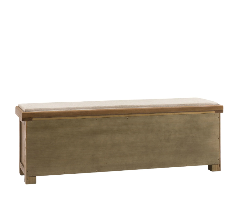 Hardwick Hall Bench made from oak and oak veneer with a cushioned seat and three seagrass storage baskets