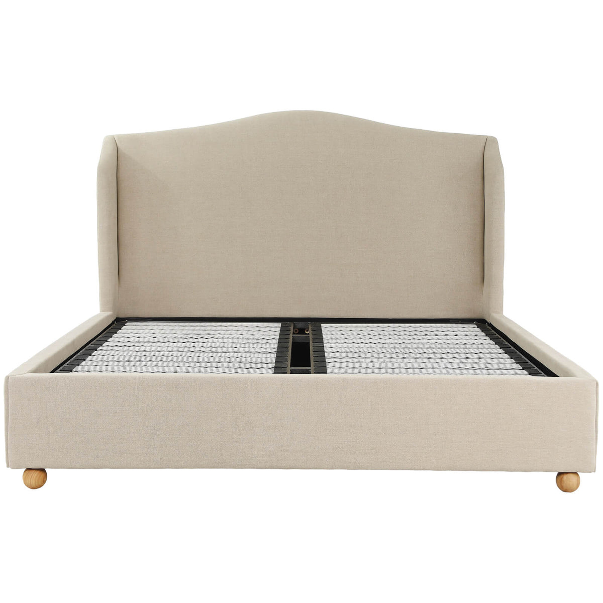 Front view of the Harlyn winged upholstered bed showing the camelback headboard and slatted base