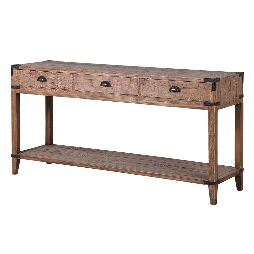 Hayden reclaimed oak console table with three drawers metal corner details and lower shelf