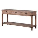 Hayden reclaimed oak console table with three drawers metal corner details and lower shelf