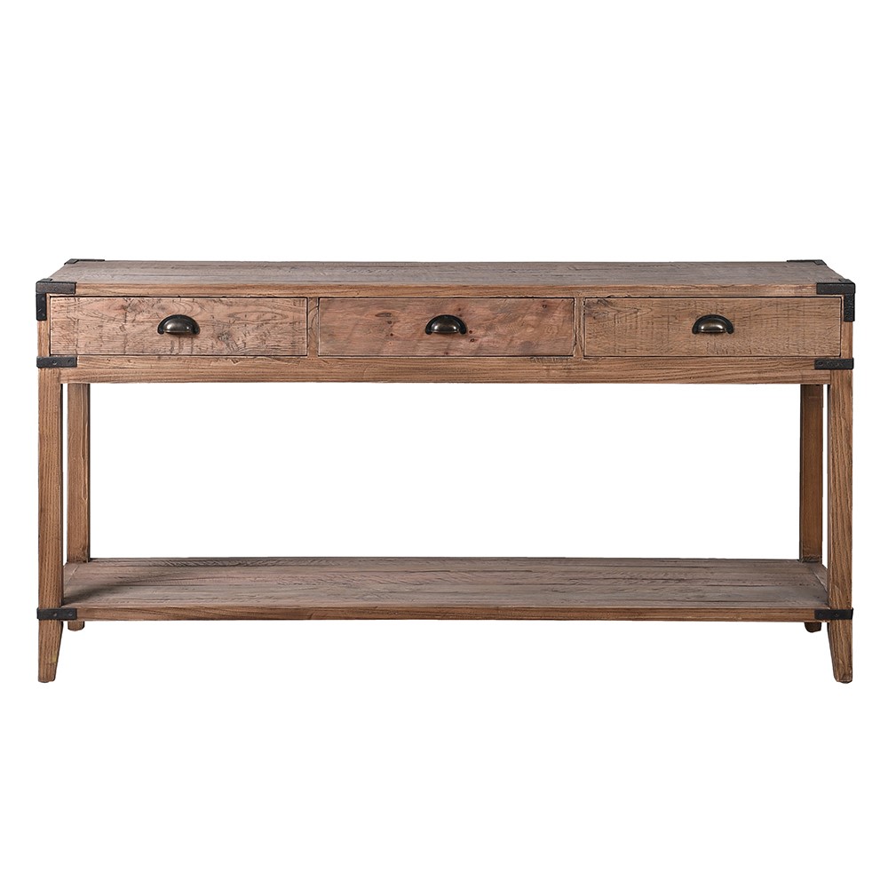 Hayden reclaimed oak console table with three drawers metal corner details and lower shelf