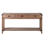 Hayden reclaimed oak console table with three drawers metal corner details and lower shelf
