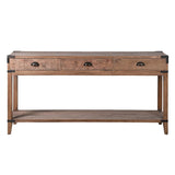 Hayden reclaimed oak console table with three drawers metal corner details and lower shelf