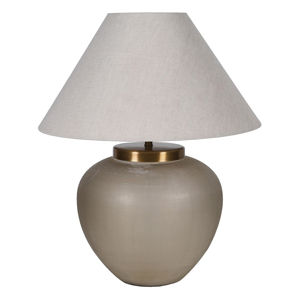 Elegant Hera glass table lamp with brass detailing and linen shade