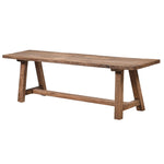Reclaimed elm wood dining bench with trestle base in rustic farmhouse style