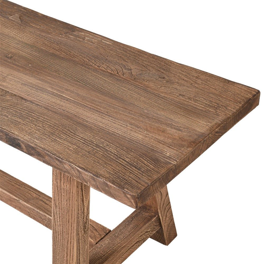 Reclaimed elm wood dining bench with trestle base in rustic farmhouse style