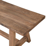 Reclaimed elm wood dining bench with trestle base in rustic farmhouse style