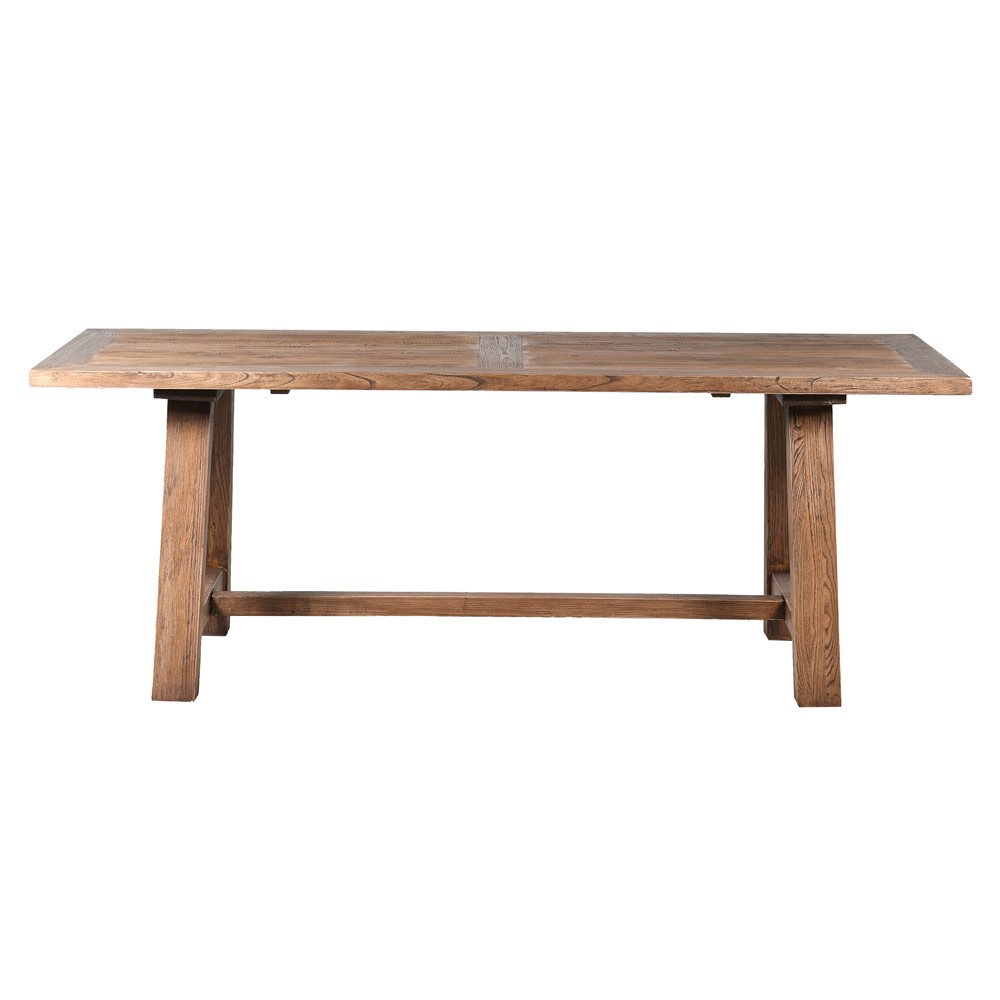 Reclaimed elm wood dining table with trestle base and rustic finish